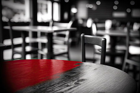 For your collage or advertising purposes here is an out of focus image of a brown wooden table in a coffee shop or restaurantの素材