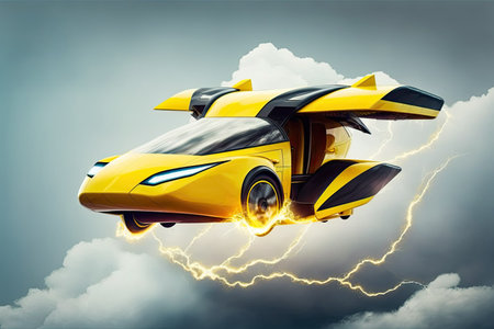 Electric taxi cab that flies over the skies in bright yellow. Flying car with no exhaust no pollution and lightning quick acceleration. Copy space multimediaの素材