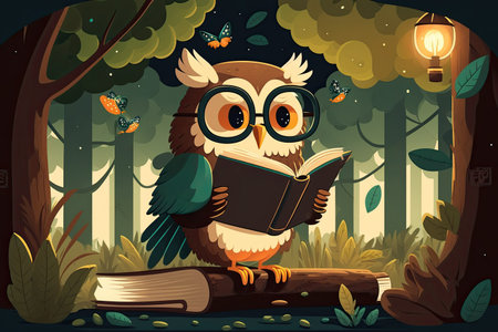 As a metaphor for learning or school here we see a cartoon owl wearing glasses and reading a book in the forestの素材