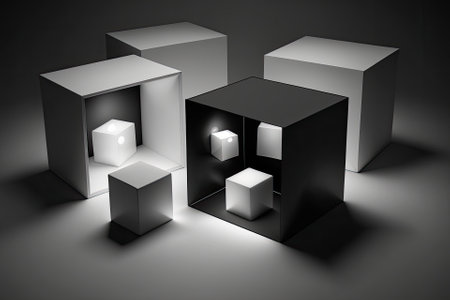 Different from the others with original and fresh ideas concepts and approaches On a black background with reflections and shadows one open light box shines brightly among closed white square boxの素材