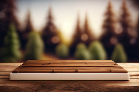 Empty table with wooden board in front of a fuzzy background. You can use this mockup of brown wood to showcase your products or create a forest scene with blurred treesの素材