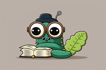 A cartoon caterpillar worm mascot with a pair of reading glasses a mortarboard and a book are depicted in this imageの素材