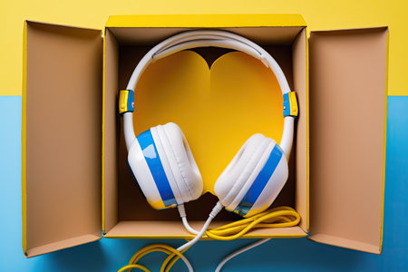 Displaying a valentine and headphones against a sunny yellow background this gift box is sure to pleaseの素材