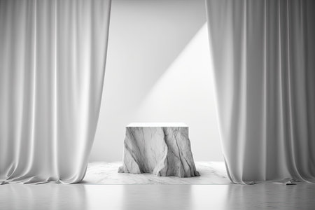 Empty white granite stone table with flowing satin sheer curtains and natural light ready to display fashion and beauty products. Spectacular Premium Mockup Templates Backgrounds and Templatesの素材