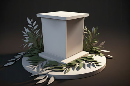 Leafy shadowy podium made of wood. A wooden display plinth that looks the part. Simple mockup of a natural scene on a pedestal. ceremony of cosmetic demonstration or awardingの素材