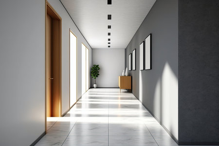 Interior of a modern workplace including a mock-up space with a light wall a tile floor and furnitureの素材