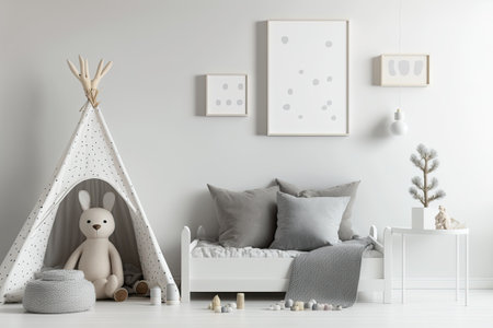 Empty white wall in modern child room. Scandi interior mockup. Photo/poster space. Toys bed table. Closeup. Kid-friendly roomの素材