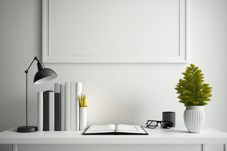 Empty copy space on a working table complete with books eyeglasses a decorative plant and a table lamp with bookcases in the backdrop that are slightly out of focusの素材