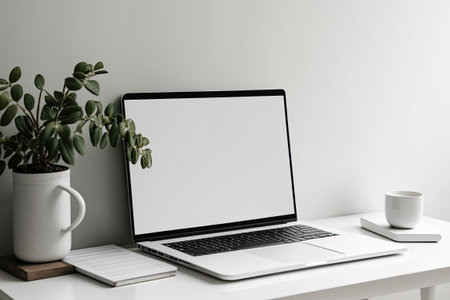 On a table is a laptop with a blank screen. Interior design template for a minimalist stylish office with copy spaceの素材