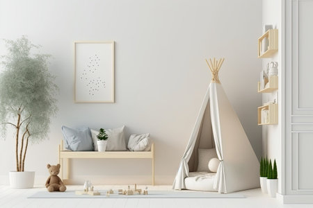 Empty cream wall in modern child room. Scandi interior mockup. Free poster/picture space. Toys bed console plant. Kid-friendly roomの素材