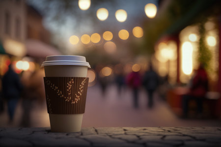 On a wooden table a throwaway cup for a hot beverage. Coffee tea or mulled wine to go at a street coffee shop with a holiday ambience. Mockup with no text in it. background with a blur and a garlanの素材