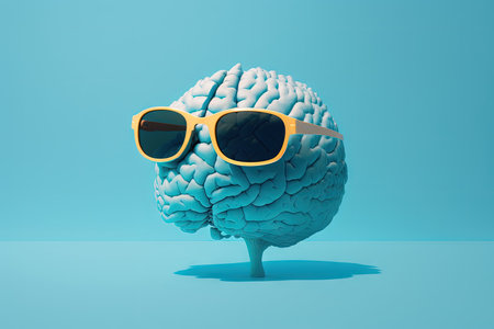 Funny minimalist design with a floating human brain wearing sunglasses against a blue background. the ideas of creativity intellect and artificial intelligenceの素材