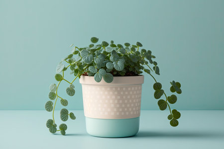 Callisia repens a small adorable creeping plant in a pot against a pale blue background. Minimalist indoor evergreen plantの素材