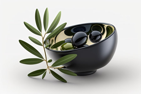 Isolated on a white background is a little bowl containing olive oil and garnished with a twig bearing black olivesの素材