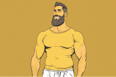 Man with a beard in a studio smiling and looking away. Young man seeming content standing by himself against a studio backdrop. Man with a positive body image who feels at ease in his physical formの素材