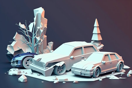 Heavy car accident autos on city street crash site with extensive damage. The idea of auto insurance and road safetyの素材