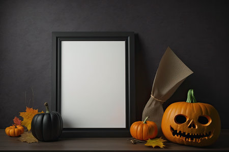 Mockup for Halloween featuring a pumpkin and a blank black page in a lovely house setting. Colors and symbols from traditional holidays front perspective and copy spaceの素材