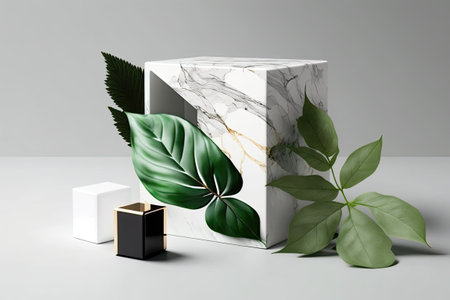 Green leaves on a white marble background decorate a high end brown box block podium cube or cube. display scene concept stage product perfume promotion sale wooden presentation cosmeticの素材