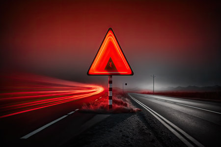 Long exposure nighttime traffic light trails behind a red emergency stop sign (red triangle warning sign)の素材