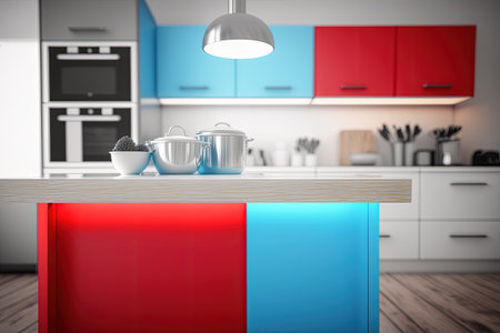 Use this image to showcase your wares on a kitchen island made of wood set against a blurred backgroundの素材