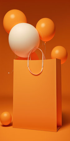 On a plain orange background a promotion sale is displayed with orange podium goods a shopping bag and a balloonの素材
