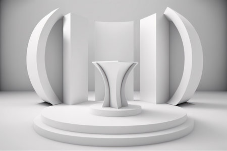 Modern abstract white room with three podiums in the middle background for a product presentation or award ceremony illustrationの素材
