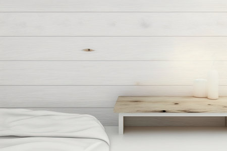 Wooden vintage tabletop or shelf closeup zen mood over country provencal minimalist bedroom with bed and wooden wall panel white architecture interior design illustrationの素材