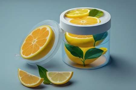 Lemon in a testing container. Concept for chemical research in cosmetics and medications. creation of citrus based cosmeticsの素材