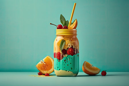 Freshly blended fruit smoothie in a glass jar with a straw in the colors yellow and orange. Light copy space on a turquoise backgroundの素材