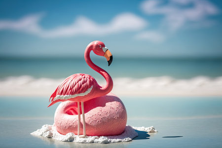 Miniature pink inflated flamingo lounging on the beach. Fun and games for kids as well as the idea of vacationing. Time at the beach to unwind in the summer. Great weather the sun is outの素材