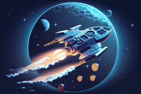 Spaceship powered by Bitcoin heads for the moon The Stock Market as a Flying Crypto Growth Target for Business Finance and Investment in Cryptocurrencies. Illustration of a trader concept on a blueの素材