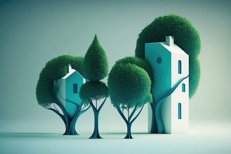 Ordinary houses and trees make up this green abode. Low maintenance costs and efficient use of energy. Low or no energy consumption minimal or no carbon emissions etc. Parks and other forms of develの素材