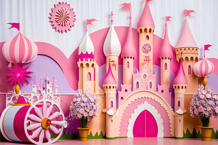 Photo backdrop fit for a princess complete with pink paper flowers gift boxes a wooden castle and a chariot or cab. The flags all say Happy Birthday in Russianの素材