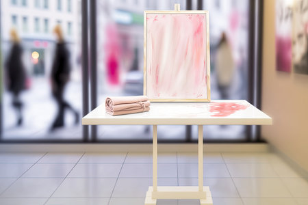 Merchandise Window Shopping as an Idea. Table with a pink marble top and a blurred bathroom in the background ready for product displayの素材
