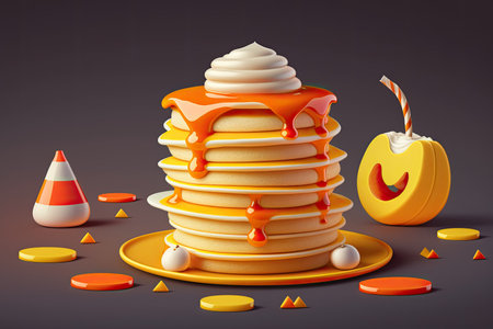 Pancakes with real homemade candy corn. Traditional Halloween string candies and a stack of pancakes in Halloween colors of yellow and orange with a sweet sauceの素材