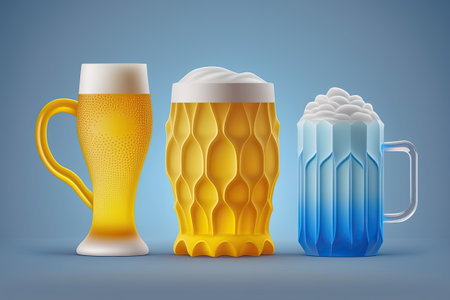 Shapes of a beer bottle a mug and a glass. Background color of beer yellow. Oktoberfest is a celebration of beer. Foamy beer. Illustration in formatの素材