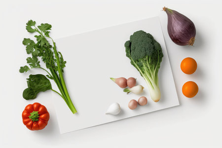 Picture a flat lay of a blank card and some crisp new vegetables on a white background. A void for the insertion of textの素材