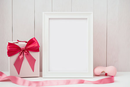 Trendy pink heart with ribbon present and blank frame for text on white wood board for Valentines Dayの素材