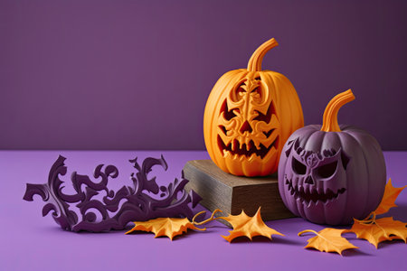 On a purple background Halloween-carved pumpkins on a wooden table. Halloween background for writing. Trick-or-treatの素材