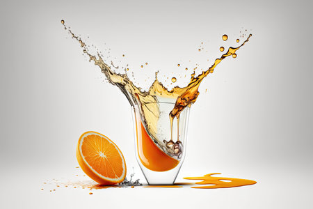 Slice of orange fruit and juice glass on white backdrop with splash and flying falling drips. healthy beverageの素材