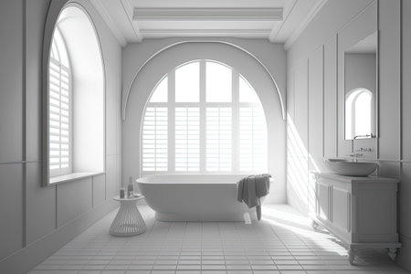 White and gray tile bathroom with white walls floor and tub near a wide window with black shutters. Aspect. double exposureの素材