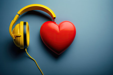 On a blue background the headphones are yellow with a red heart symbol. the idea behind a love song. In vogue at the momentの素材