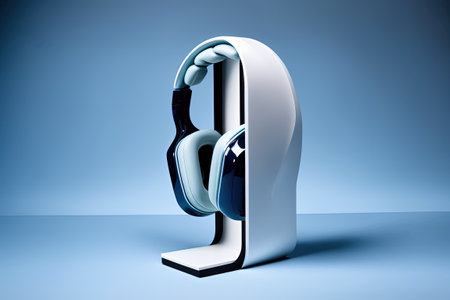 Superior picture of white over ear headphones with a black stand and a blue background taken from the sideの素材