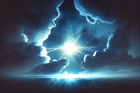Lightening flashes with sun rays peeping through a cloud break. Storm typhoon tornado thunderstorm zipper and lightning as a conceptualization of weather and natural calamitiesの素材