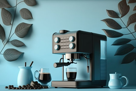 Realistic professional-looking black coffee maker on wooden table with pastel blue wall panel morning sunlight and leaves shadow. Consumablesの素材