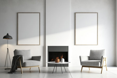 On the seating areas white wall are two empty canvases. Grey concrete floor cozy couches a fireplace a coffee table and an on-trend light. Interior design idea for a contemporary home. a mockupの素材