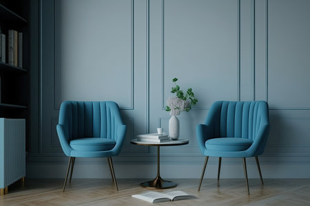 Two blue chairs in a parquet-floored reading area with books and a glass coffee table. mockup wall copyspaceの素材