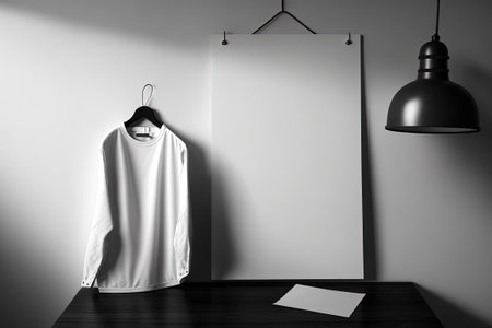 Wooden table without any items on it against a backdrop of a white minimalist room with a hanging shirt a lamp and a book. Get product montage readyの素材