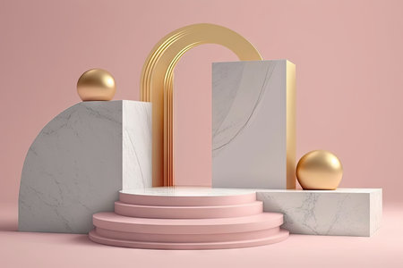The podium backdrop for product displays in beauty fashion and luxury. minimalistic background of gold marble and pinkの素材