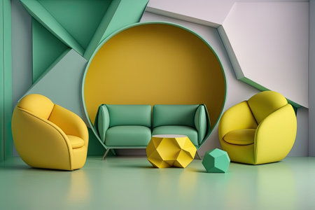 yellow and green chairs sofa armchair vacant background. geometries Minimalist installation art. mockupの素材
